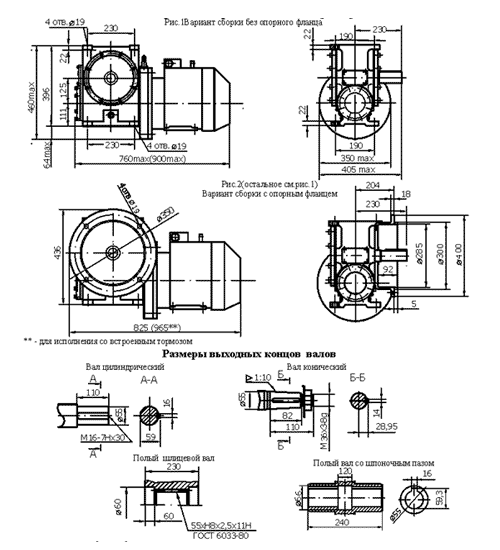 Габаритные и присоединительные размеры мотор-редукторов червячных одноступенчатых МРЧ-125М1 и МРЧ-125Р1 