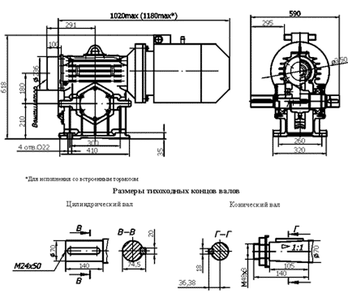 Габаритные и присоединительные размеры мотор-редукторов червячных одноступенчатых МРЧП-180М1 и МРЧН-180М1 
